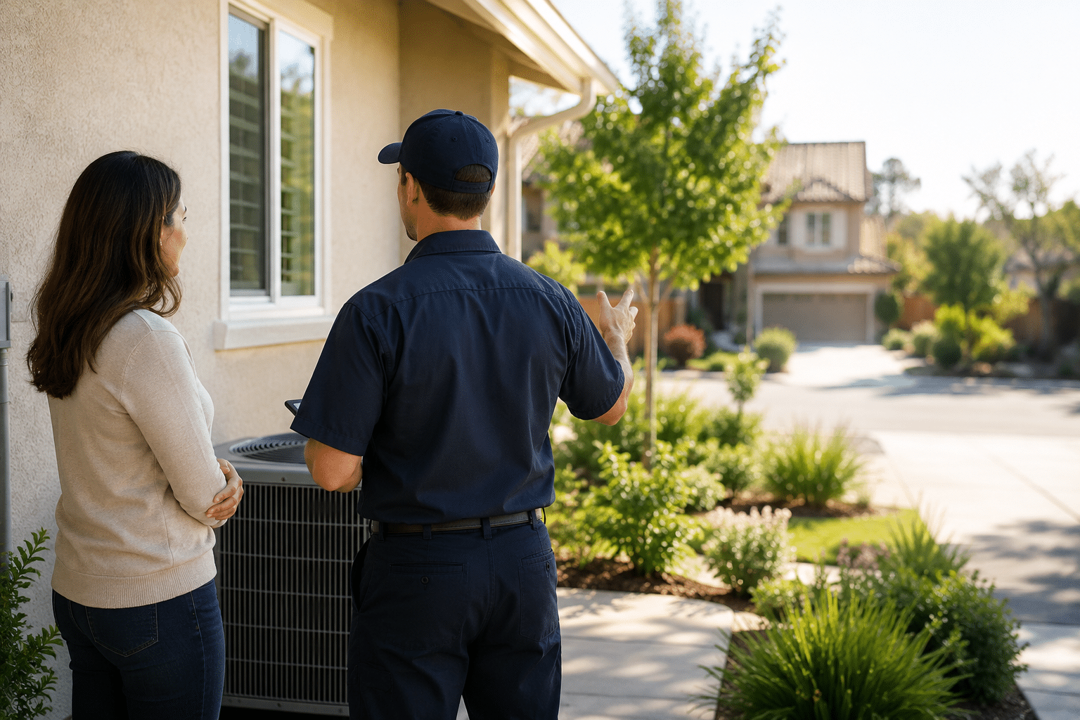 HVAC technician speaking with a Roseville homeowner about residential heating and cooling service