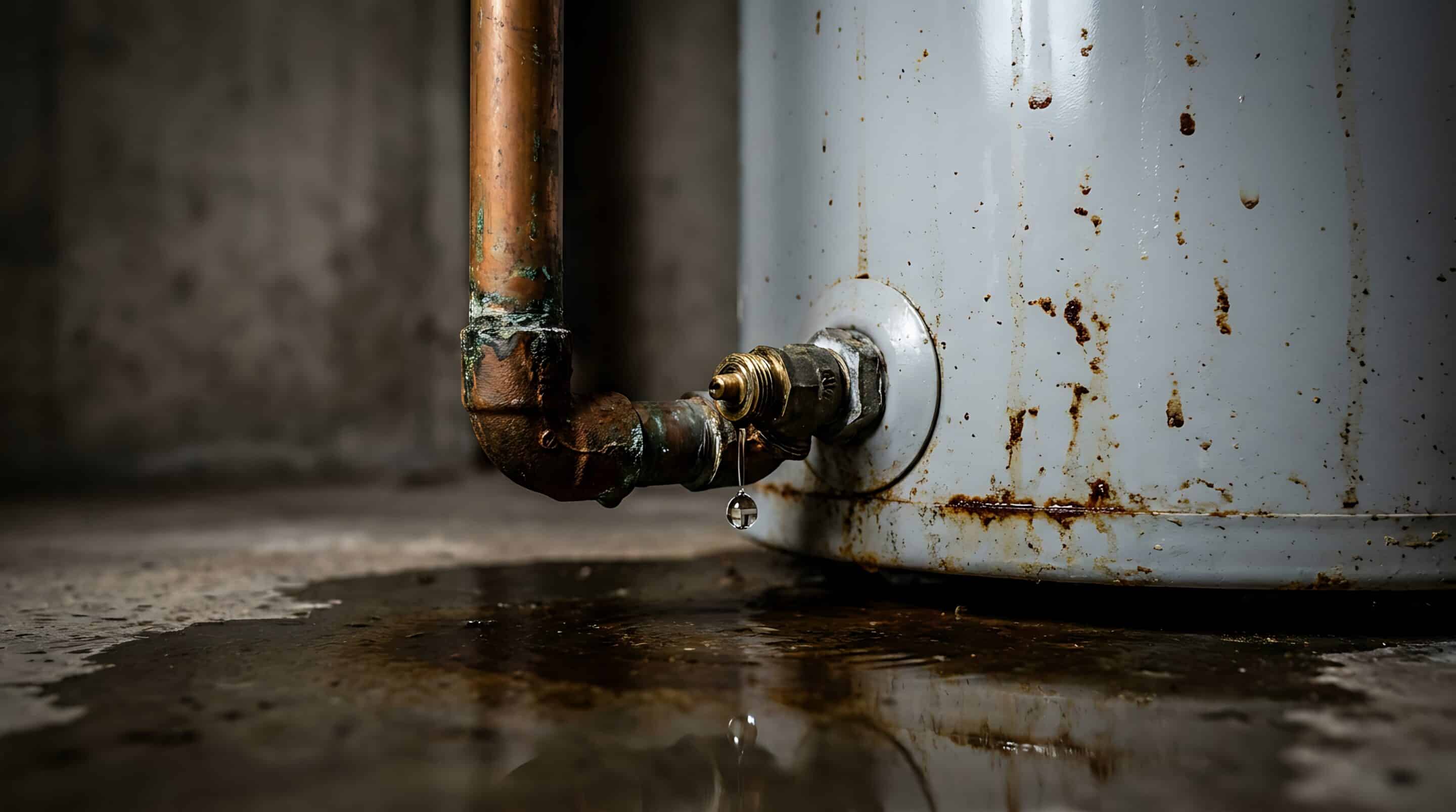 Leaking residential water heater with visible corrosion around the tank and plumbing connection