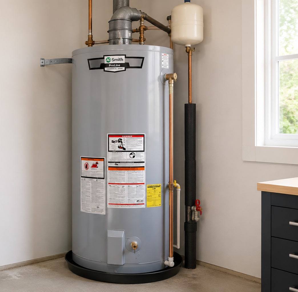Professional installation of a residential water heater in a clean utility room.